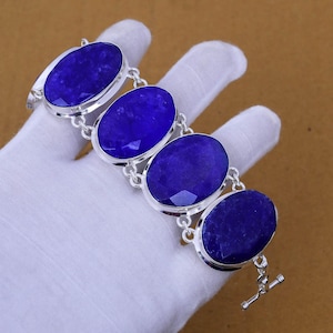 Handmade Faceted Blue Sapphire Bracelet: 925 Sterling Silver Adjustable Jewelry