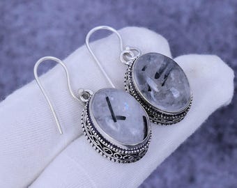 Black Rutile Gemstone 925 Sterling Silver Dangle Earrings