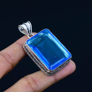 Faceted Swiss Blue Topaz Pendant: Vintage 925 Sterling Silver Jewelry