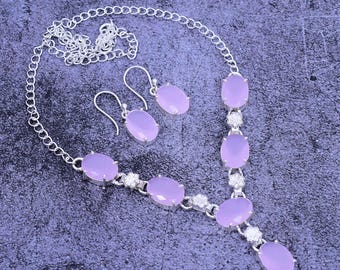 Handmade Rose Quartz 925 Sterling Silver Necklace & Earring Set