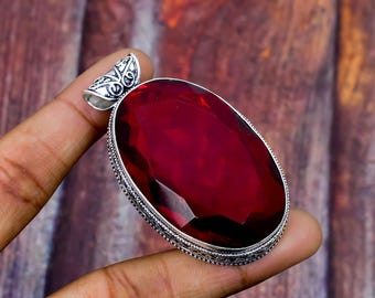 Handmade Faceted Red Garnet Pendant: 925 Sterling Silver Oval Necklace