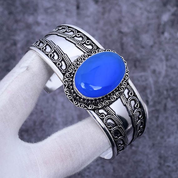 Blue Chalcedony Bangle, Sterling Silver Open Cuff Bracelet, Adjustable