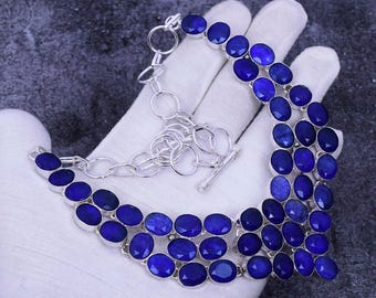 Faceted Blue Sapphire Necklace: 925 Sterling Silver Bridal Jewelry