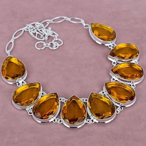 Citrine Gemstone Necklace 925 Sterling Silver Necklace Adjustable Chain Necklace Bridal Necklace Bohemian Jewelry Birthday Gift For Her