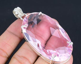 Pendentif pierre gemme kunzite rose : argent sterling 925 fait main, 7,6 cm