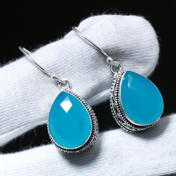 Handgemaakte blauwe chalcedoonoorbellen: 925 sterlingzilveren bungelsieraden