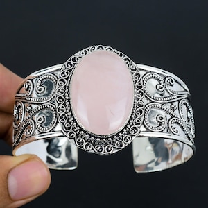 Rose Quartz 925 Sterling Silver Bangle , Vintage-Inspired Silver Cuff Bracelet, Rose Quartz Adjustable Bracelet For Christmas Gifts For Love
