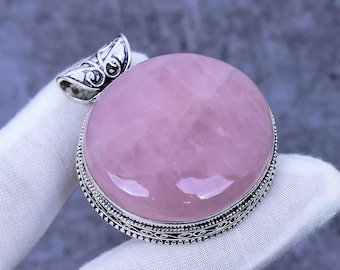 Handmade Rose Quartz Pendant Necklace: 925 Sterling Silver Bohemian Jewelry