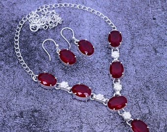 Kashmiri Ruby Necklace & Earring Set: Sterling Silver Boho Jewelry