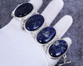 Sodalite Gemstone Bracelet: Handmade 925 Sterling Silver Bohemian Jewelry