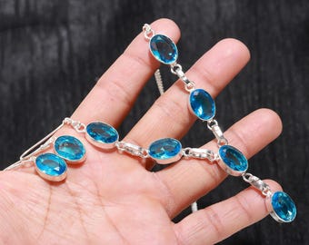 Faceted Blue Topaz Necklace Earring Set: Handmade 925 Sterling Silver