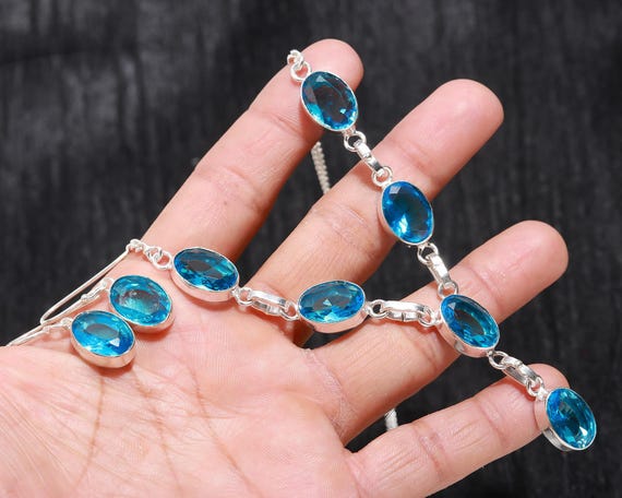 Faceted Blue Topaz Necklace Earring Set: Handmade 925 Sterling Silver