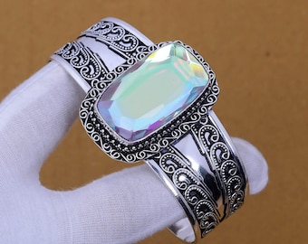 Mystic Topaz Sterling Silver Cuff Bangle, Adjustable Gemstone Bracelet