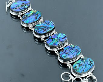 Naturalna muszla Abalone z kamieniami szlachetnymi, ręcznie robiona bransoletka ze srebra próby 925, bransoletka z kamieni szlachetnych Abalone ze stemplem 925, bransoletka z abalone z prezentami dla miłości