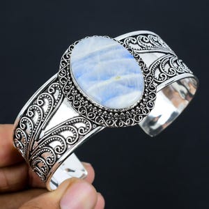 Rainbow Moonstone Bangle 925 Sterling Silver Cuff Bracelet Adjustable Bangle Handmade Bangle Gift For Him Genuine Gemstone Jewelry