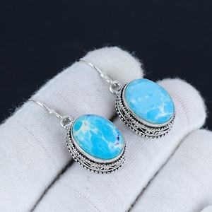 Blue Larimar Gemstone Earrings, Solid 925 Sterling Silver Earrings, Larimar Drop Dangle Earrings, Oval Gemstone Earrings, Earrings For Her