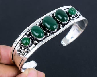 Brazalete de cabujón de ónix verde, plata de ley 925, hecho a mano