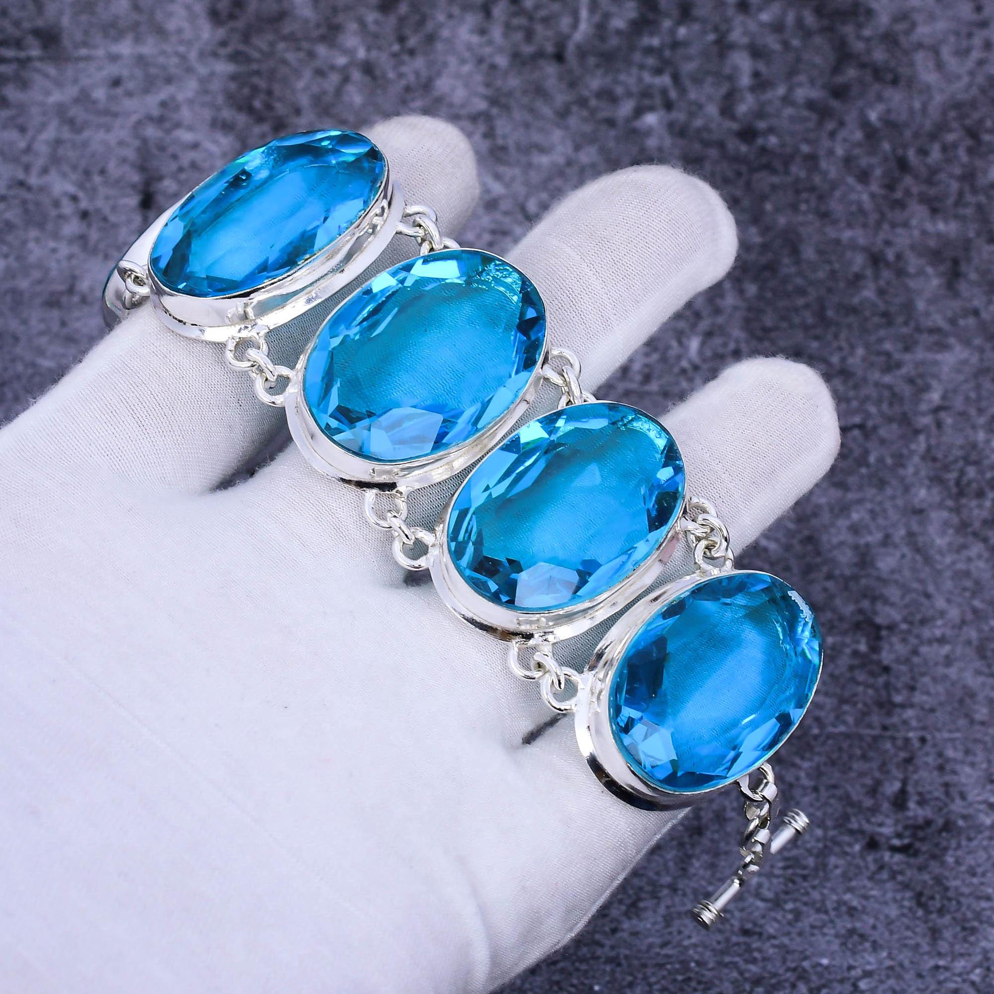 4mm Sky Blue Topaz Gemstone Silver Plated Bracelet – Round Link Chain For Women