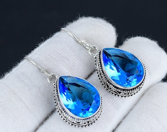 Handmade Swiss Blue Topaz Earrings: 925 Sterling Silver Dangle Earrings