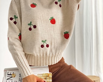 New Winter Strawberry Sweater , Women's Knitwear , Hand Knit Chunky Sweater ,Vintage Sweatshirt , Turtleneck Sweater, Strawberry Embroidered