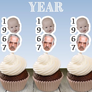Funny Custom Photo Cupcake Topper baby pic and year retirement birthday party decorations decor stickers