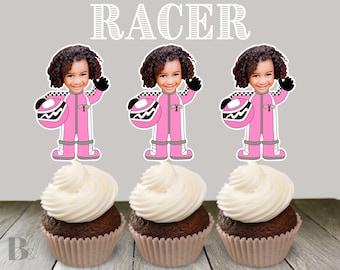 TWO Fast Racer Girly Cupcake Toppers Custom Photo Party Decorations Digital DIY