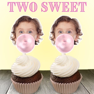 TWO Sweet Cupcake Toppers Stickers Party Decoration Bubblegum Gum In A Dish Gum Ball Machine First Birthday Themed Party Supplies Cake