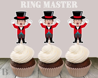 Carnival Circus Cupcake Toppers Big Top Party Decorations Custom Ring Master Personalized Photo stickers favors