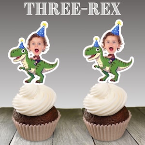 Three Rex Dinosaur Safari Jurassic Birthday Party Cupcake Toppers Photo Custom sticker favors t rex