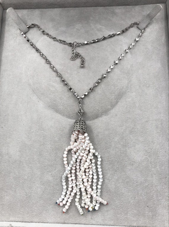 Sterling and Marcasite White Tassel Necklace 1516 ad… Gem