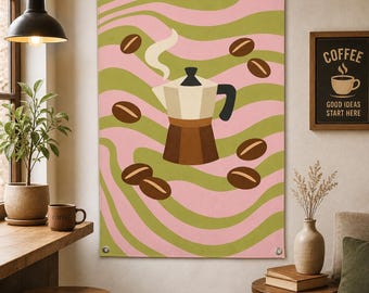 Groovy Coffee Bean Tapestry, Colorful Kitchen Wall Art, Retro Cafe Decor, Large Fabric Wall Hanging,Coffee Station Art,Sage Green Pink Decor