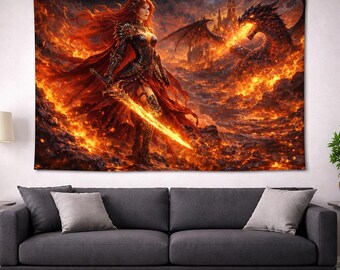 Epic Female Warrior Tapestry, Fire Dragon Dark Fantasy Wall Art, RPG Gamer Room Decor, Flaming Sword Knight Print, Medieval Castle Hanging