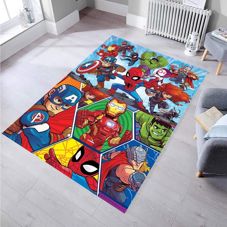 May include: A colorful rug featuring various Marvel superheroes, including Iron Man, Spider-Man, Captain America, Hulk, and Thor. The rug is designed with a hexagonal pattern and has a bright blue background.