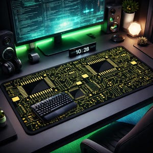 Peut inclure: Tapis de souris noir avec un motif de circuit imprimé jaune et un clavier noir. Le tapis présente un motif de circuit imprimé détaillé. Un écran d'ordinateur, des haut-parleurs et d'autres accessoires de bureau sont visibles.