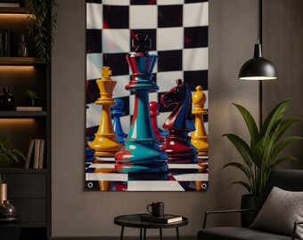Surreal Chess Wall Tapestry, Colorful Glossy Chess Pieces Art, Abstract Checkerboard Wall Hanging, Modern Game Room Decor, Large 3D Effect