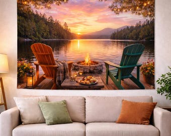 Lake House Wall Tapestry, Cozy Cabin Decor, Mountain Sunset Wall Art, Rustic Nature Landscape Hanging, Campfire Dock Scenery Print