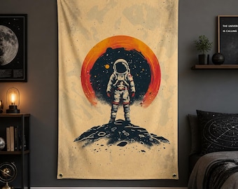 Astronaut Tapestry, Retro Space Wall Hanging, Vintage Galaxy Wall Art, Sci-Fi Room Decor, Celestial Moon Landing Print, Aesthetic Dorm Decor