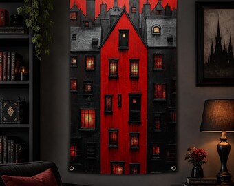 Gothic Wall Tapestry Red and Black Dark Academia Wall Art, Moody Architecture Haunted House Large Fabric Wall Hanging for Living Room Decor