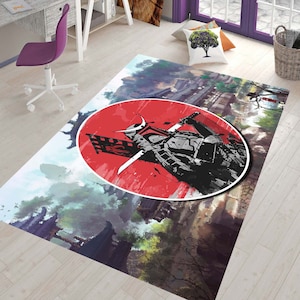 Japanese Rug, Samurai Rug, Japan Themed Rug, Rug for Living Room, Area Rug, Non slip Carpet,Home Decor, Gift for Him, Colorful Rug, 2