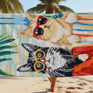 Toalla de playa con gatos / Juego de toallas de piscina / Gatos con gafas de sol / Juego de toallas para parejas / Toalla de regalo / Toalla de vacaciones / Juego de toallas dobles / Patrón de gatos