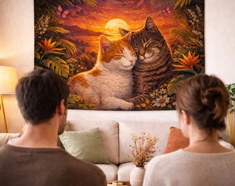 Cute Cuddling Cats Tapestry, Tropical Sunset Wall Art, Cat Lover Gift, Monstera Palm Leaf Decor,Aesthetic Bedroom Wall Hanging,Animals Print