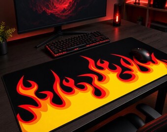 Fire Flame Mouse Pad - Red Hot Gaming Desk Mat - Cool Aesthetic Desk Accessories for Gamers - Large PC Mousepad - Retro Racing Style Decor