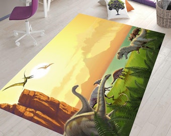 May include: A yellow, orange and green rug with a dinosaur theme. The rug features a variety of dinosaurs, including a brachiosaurus, a stegosaurus and a tyrannosaurus rex. The dinosaurs are depicted in a cartoon style and are set against a backdrop of a sunset.