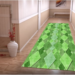 Alfombra colorida para pasillo, moderna, personalizada, antideslizante, con diseño de formas verdes.