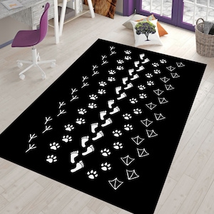Foot steps Rug, Different Footprints Rug, Human Step Rug, Unique Animal Trail Area Rug, Pet Lover Room Decor, Washable Modern Rug,