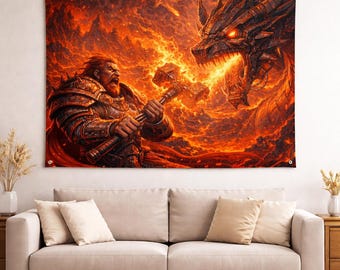 Epic Fantasy Dragon Battle Tapestry, Warrior vs Fire Dragon Wall Art, RPG Gamer Room Decor, Dark Fantasy Landscape, Man Cave Wall Hanging