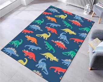 May include: A blue rug featuring a repeating pattern of colourful dinosaurs. The dinosaurs are in various poses and colours, including red, orange, yellow, green, and blue.