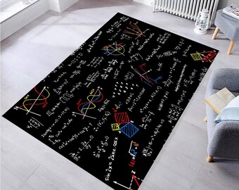 May include: Black and white rug with colorful mathematical equations and symbols. The rug features a variety of mathematical concepts, including algebra, calculus, and trigonometry.