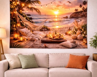 Beach Sunset Wall Tapestry, Romantic Coastal Boho Wall Art, Tropical Ocean View Wall Hanging, Cozy Summer Nature Decor for Bedroom