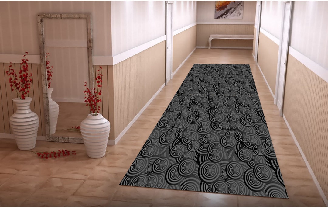 3d Pattern Runner Rug Geometric Circle Pattern Runner Rug: Black and Gray Non-slip Hallway ...